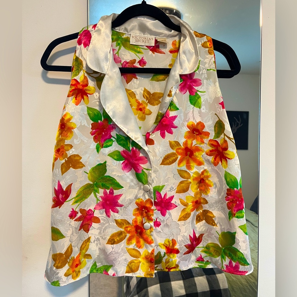 Vintage Victorias Secret Gold Label Pajama Top Size Small Satin Floral Tropical